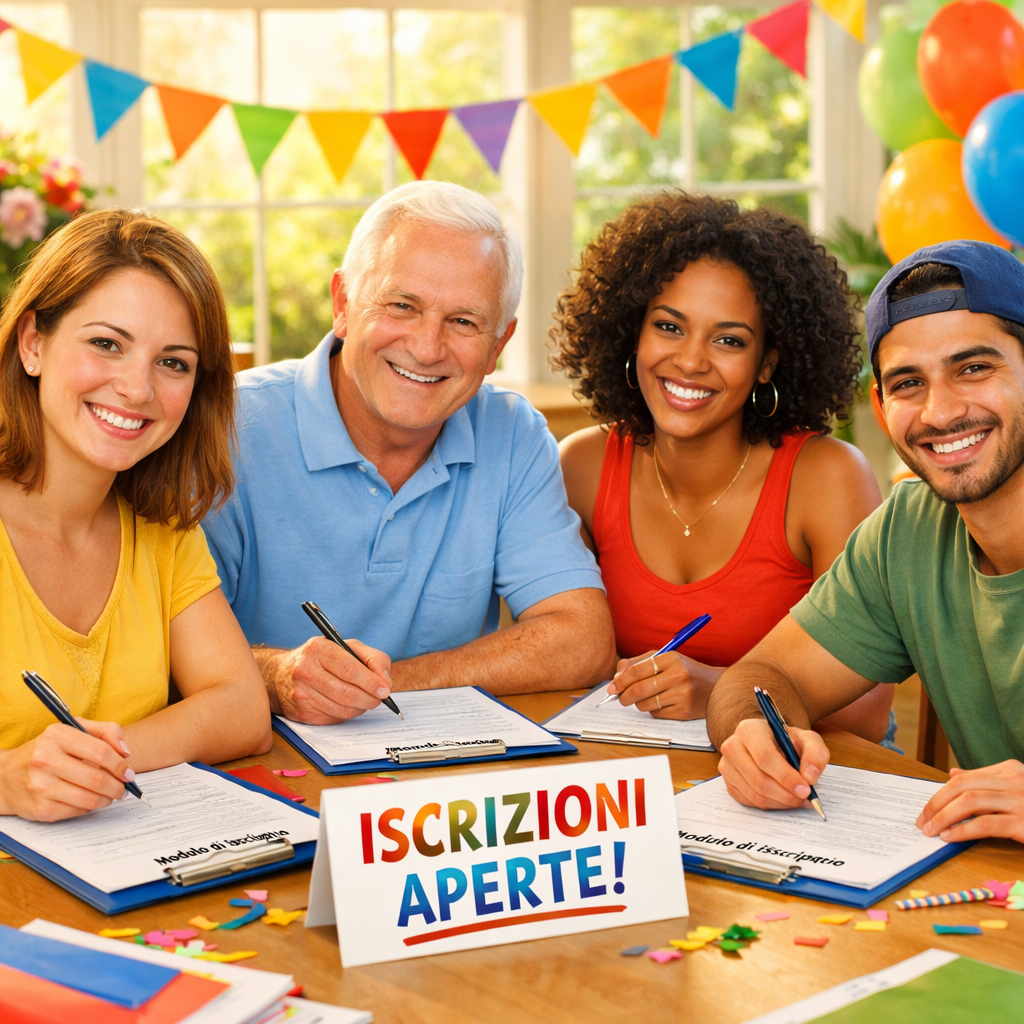 Immagina unimmagine accattivante e informativa raffigurante un gruppo di persone diverse sorridenti e impegnate a compilare un modulo di iscrizione Lo-1 Immagina unimmagine accattivante e informativa raffigurante un gruppo di persone diverse sorridenti e impegnate a compilare un modulo di iscrizione Lo-1